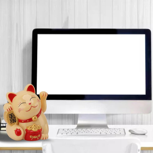 Bewinner Solar Powered Waving Cat, Cute Good Luck Wealth Home Display Car Decor Feng Shui Decoration (Yellow)