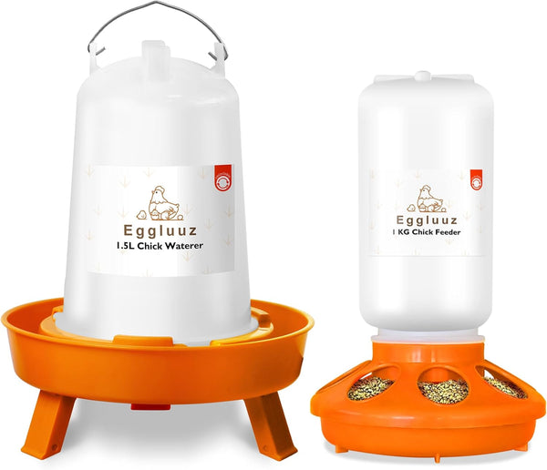 Eggluuz Chick Feeder and Waterer Kit Automatic Chicken Feeder and Waterer Set, 1L