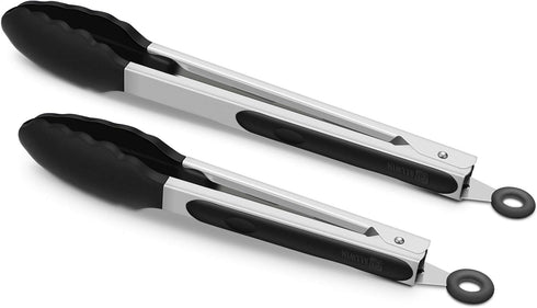 2 Pack Black Kitchen Tongs, Premium Silicone BPA Free Non-Stick Stainless Steel BBQ Cooking Tongs, 9-Inch & 12-Inch