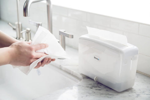 EZbrnd Countertop SLIMFOLD Hand Towel Dispenser - Kitchen/Bathroom/Office/RV/Airbnb Guest Towel Holder, White