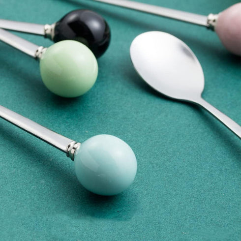 Stainless Steel Coffee Spoon, Teaspoon, Sugar Spoon, Korean Dessert Spoon with Ceramic Ball, 4 Pieces 5.5 Inches Green