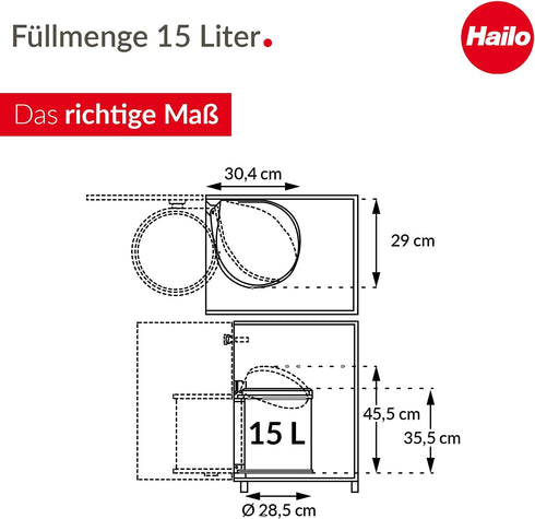 Hailo Compact-Box M Trash Can - 4 Gallon, Lid-Lift, Small Kitchen Bin, Stainless Steel