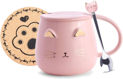 Pink Ceramic Coffee Mug, Cute Cat Handmade Tea Cup with Stainless Steel Spoon, Unique Hot Chocolate Novelty Mug for