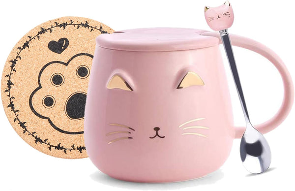 Pink Ceramic Coffee Mug, Cute Cat Handmade Tea Cup with Stainless Steel Spoon, Unique Hot Chocolate Novelty Mug for