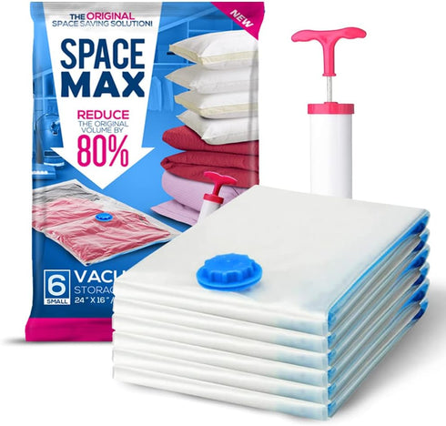 Small 6 Pack SPACE MAX Premium Space Saver Vacuum Storage Bags, Reusable with Travel Hand Pump
