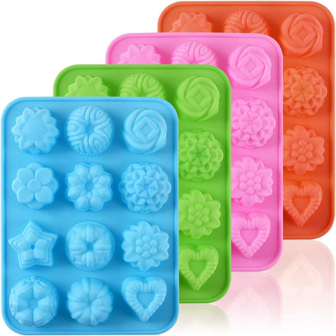 Newk Flower Heart Shape Chocolate Silicone Mold, 4 Packs 12 Cavity Candy Baking Mold for Parties, Festival and DIY