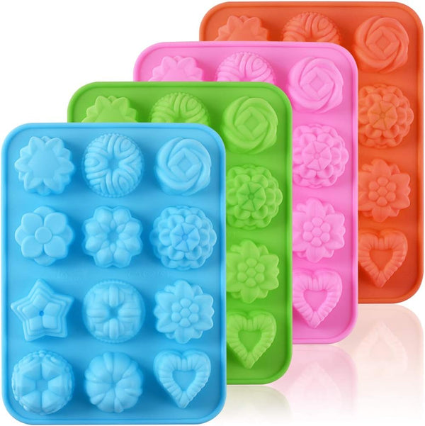Newk Flower Heart Shape Chocolate Silicone Mold, 4 Packs 12 Cavity Candy Baking Mold for Parties, Festival and DIY