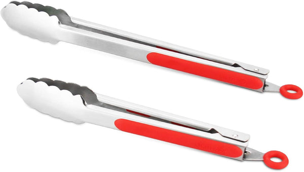 304 Stainless Steel Kitchen Cooking Tongs, 9" and 12" Set of 2, Sturdy Grilling Barbeque Locking Food Tongs