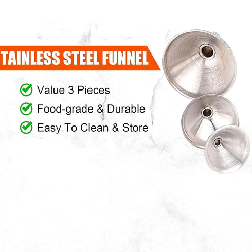 Stainless Steel Funnels, 3 Pack - Small Metal Funnels with Handles for Kitchen Transfer of Liquid, Oils, Spices, 2.9 &