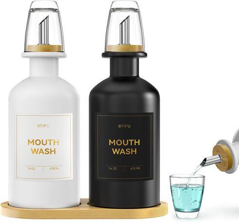 BTIFU 2PCS Glass Mouthwash Dispenser for Bathroom Countertop 14oz/410ml Refillable Mouthwash Bottle with