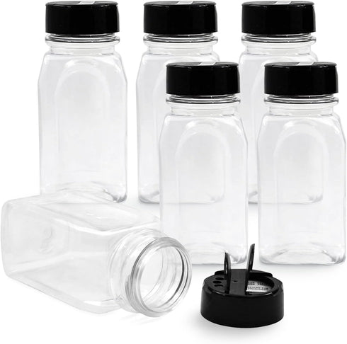 RoyalHouse 6 Pack 9.5 Oz Plastic Spice Jars with Black Cap, Clear Plastic Containers with Shaker Lids