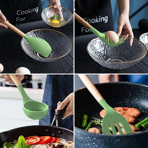 MYKUJA Green Kitchen Cooking Utensils Set - 13 Pcs Heat Resistant Silicone Non-Stick Spatula Set with Holder