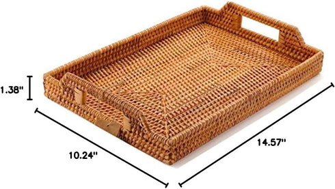 14.5" Small Hand-Woven Rattan Serving Tray with Handles Rectangular Snack Tray for Coffee Table, Fruit, Drinks, Decor
