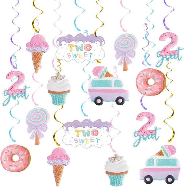 Pastel Ice Cream Two Sweet 2nd Birthday Party Supplies, Ice Cream Donut Hanging Streamers for Summer Party