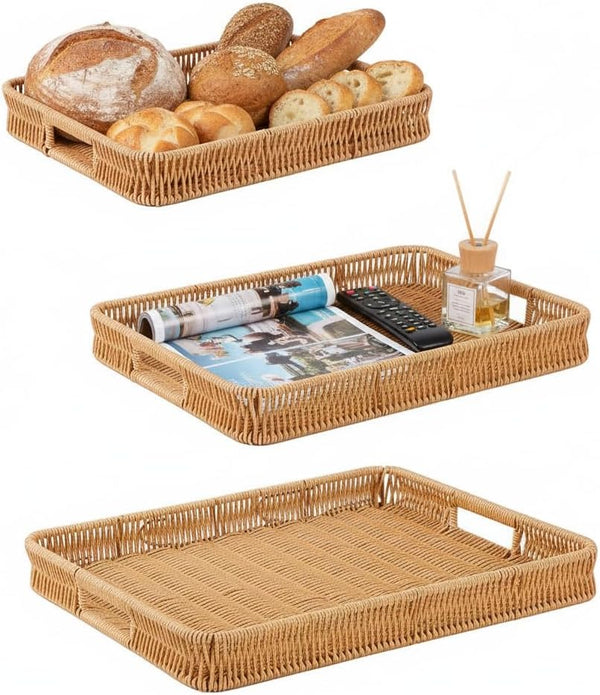 3pcs Rectangular Serving Tray with Handles, Decorative Wicker Organizer Baskets Storage Tray