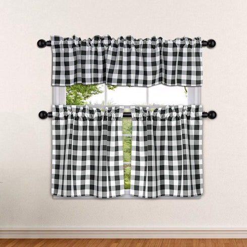 SEEYE Farmhouse Kitchen Curtains - Buffalo Plaid Tiers for Windows, Light Filtering, 27” W x 24” H, 2 Pcs, Black