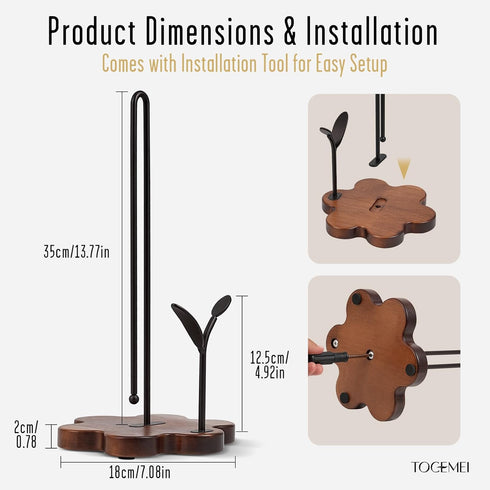 Countertop, Wooden Paper Towel Holder Floral Base with Dual Iron Rods in Antique Brown Finish, Leaf-Shaped Accent