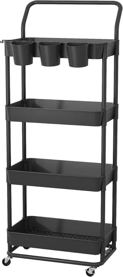 4-Tier Buzowruil Rolling Utility Cart, Storage Cart with Handle Multi-Purpose and Locking Wheels,with Hanging Basket