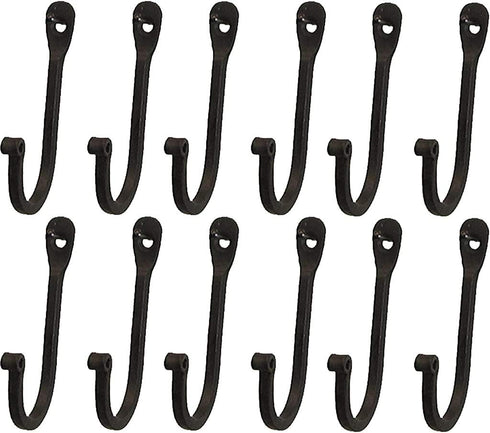 Early American Single Prong Wrought Iron Hooks, Set of 12 - Rustic Curved Metal Fasteners for Colonial Wall Décor