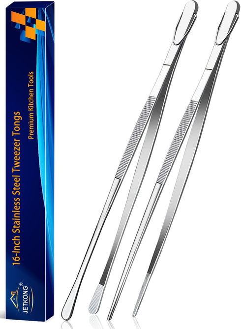 JETKONG 2 Pcs 16-Inch Kitchen Tweezers - Extra Long Heavy Duty Stainless Steel Cooking Tweezers (Silver).