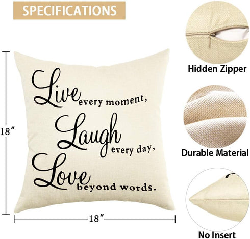 Ogiselestyle Motivational Sign Throw Pillow Case, Live Every Moment, Laugh Every Day, Love Beyond Words, 18" x 18"