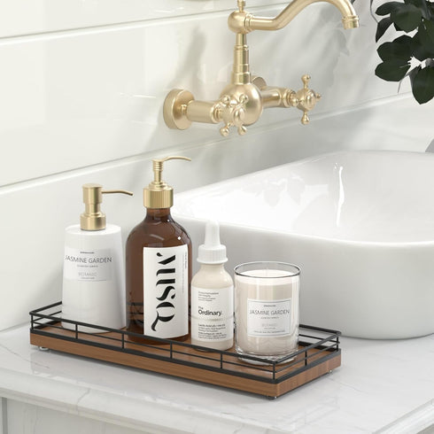 Oak Wooden Kitchen Soap Tray, 11" Sink Countertop Organizer for Soap, Sponge, Spice, and Decorative Tray