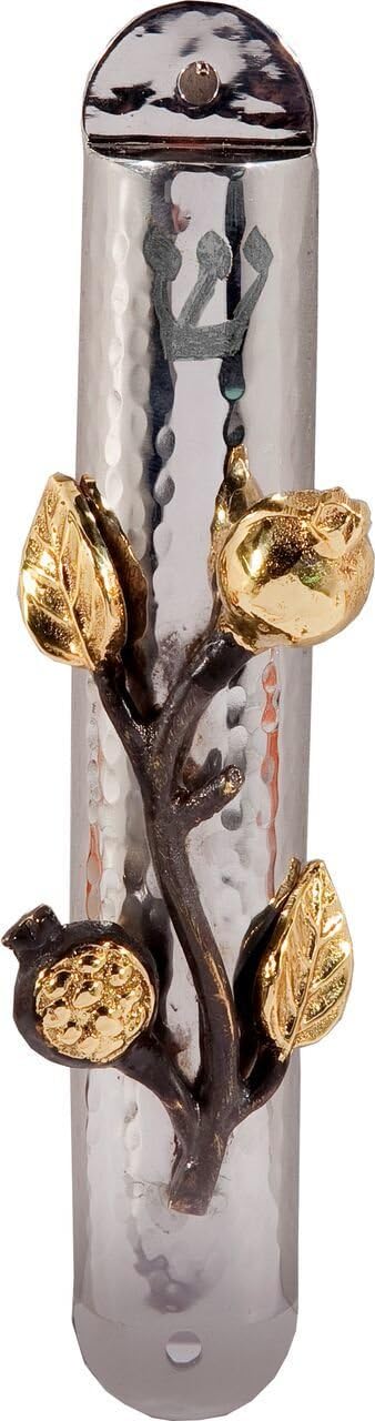 Yair Emanuel Hammered Mezuzah Case with Pomegranate Branch, 10 centimeters