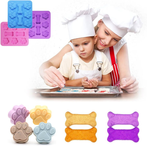 3 Pcs Silicone Molds, Puppy Dog Paw & Bone Shaped 2 in 1, 8-Cavity Baking Pans, Reusable Ice Candy Trays (Pink, Blue,