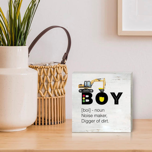 HDKY Construction Nursery Wood Box Sign Construction Truck Boy Definition Wooden Box Sign Block for Wall Desk Home Boys