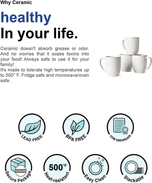 16 oz,Ceramic Set, 3.8 inch, Set 4, LE TAUCI Coffee Mugs Mug Embossment Cups for Latte, Hot Tea, Cappuccino, Mocha