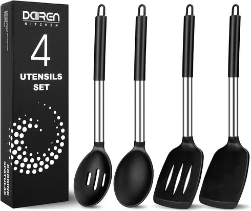 Pack of 4 Large Silicone Cooking Spatulas and Spoons, Non-stick Heat Resistant Kitchen Utensils, Black