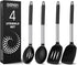 Pack of 4 Large Silicone Cooking Spatulas and Spoons, Non-stick Heat Resistant Kitchen Utensils, Black