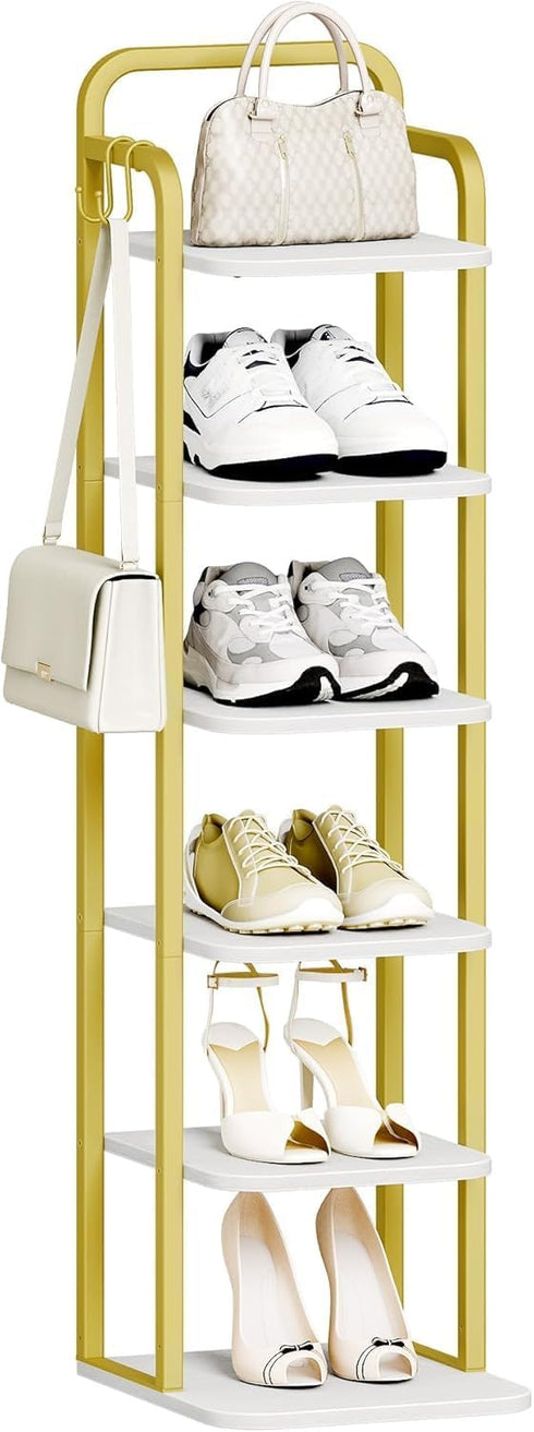 6 2 SR04213A Hzuaneri Tiers Vertical Shoe Rack, Narrow Shoe Tower, Tall Shoes Shelf with Hooks, Adjustable Shelves