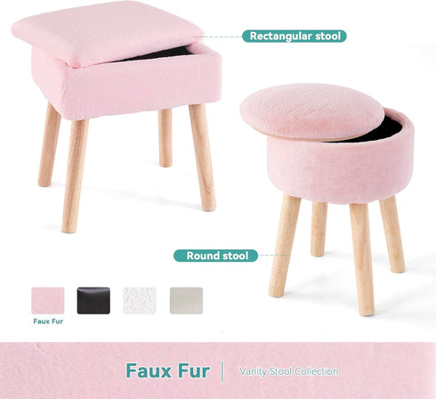 BRIAN & DANY Vanity Stool, Faux Fur Vanity Stool Chair with Storage, Rectangle Makeup Chair Soft Padded Seat with Legs