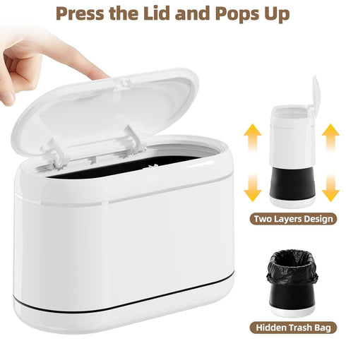 5 Countertop PAVSTINE Mini Trash Can for Desk with Rolls of Trash Bags, Small Press-Top Garbage Bin, Removable Waste