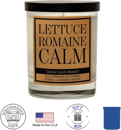 CEDAR CRATE MARKET Lettuce Romaine Calm Scented Soy Candle, 10 Oz. Glass Jar, Citrus, Lavender, Woody