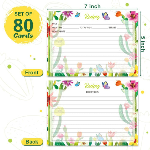 80 Pack Recipe Cards, 5 x 7 inch Cooking Recipe Cards for Recipe Binder, Double-sided Recipe Cards with Lines for Weddings, Bridal Shower, Christmas Gifts Watercolor Cactus Design by KiDEPOCH