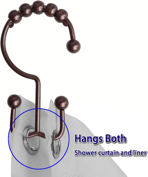 Shower Curtain Hooks Rings for Bathroom, 12PCS Stainless Steel Metal Rust Resistant Double Curtain Hooks (Bronze)