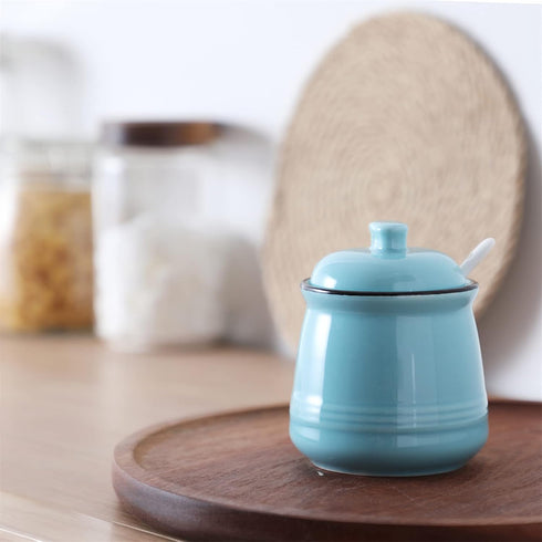 HAOTOP Porcelain Salt Bowl with Lid and Spoon, Ceramic Sugar Bowl 12oz in Turquoise