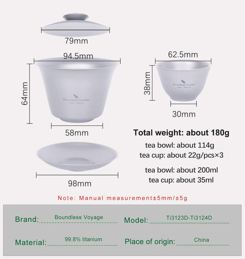 200ML Set 3 35ml Set Ti3124D iBasingo Titanium Gaiwan Kung Fu Teacup with Lid and Saucer Lightweight Portable Chinese