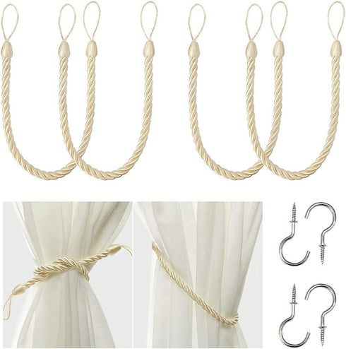 BEL AVENIR Curtain Rope Tiebacks with 4 Metal Screw Hooks, Drapery Holdbacks (Beige, 4 Pack)