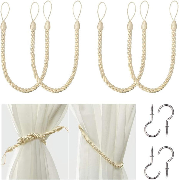 BEL AVENIR Curtain Rope Tiebacks with 4 Metal Screw Hooks, Drapery Holdbacks (Beige, 4 Pack)