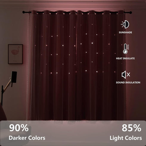72 Inch (W52 L72 Inches2 Pink Curtains for Girls Bedroom Living Room Length Star Cut Out Double Layer Blackout Curtains