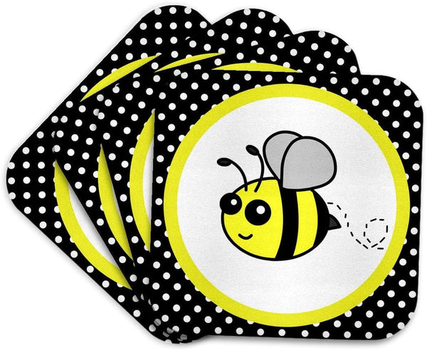 3dRose Cute Yellow Bumble Bee on Black and White Polka Dots, Soft Coasters, Set of 4