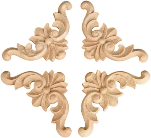 4-Pack, 12x12cm/4.72"x4.72" MUXSAM Wood Carved Onlay Appliques, Unpainted Wooden Corner Carving Decals, Furniture Decor