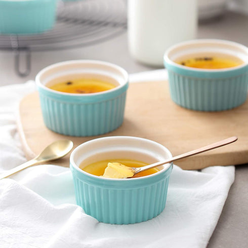 DOWAN Ramekins Set of 6, 4 oz Porcelain Ramekins for Baking Souffle, Oven Safe, Classic Style, Blue