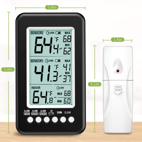 KeeKit Wireless Indoor Outdoor Refrigerator Thermometer with 2 Sensors, Digital Temperature Gauge with Alarm