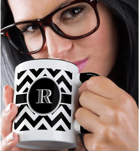3dRose Black and White Chevron Monogram Initial R Mug, Two Tone Black, 11oz