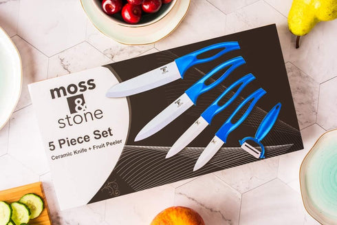Moss & Stone 5-Piece Kitchen Cutlery Set, Blue Ceramic Knives, Rust Proof & Stain Resistant, Includes Fruit Peeler