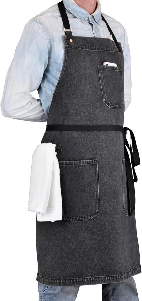 '-2) Denim Apron with Pockets, Professional for Mens Womens Chef Kitchen Cooking Grill BBQ Painting Baking, Black Bib
